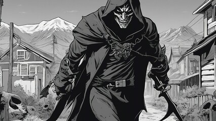 A mysterious demon devil dragon stranger, who arrives in a small town, where a cult has taken over.  black and white