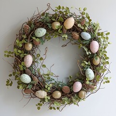 Fototapeta na wymiar Easter wreath made of branches, flowers and eggs, spring wreath, Easter, Christ is risen