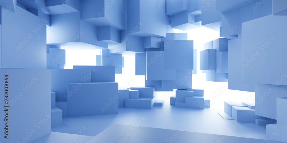 Aufkleber Abstract Geometric Blue Cubes Floating in a Luminescent Void Space 3d render illustration