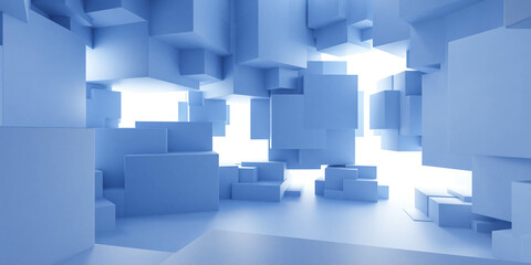 Abstract Geometric Blue Cubes Floating in a Luminescent Void Space 3d render illustration
