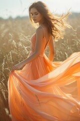Fototapeta na wymiar a woman elegantly adorned in a flowing peach - colored long dress