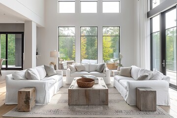 Spacious bright room with white couches.