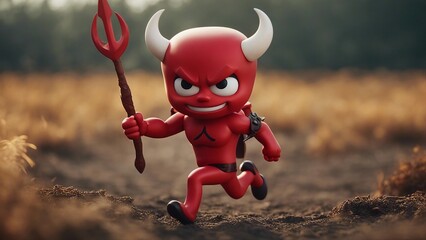 red devil dragon in the woods  Red devil with trident in cartoon style running on land 