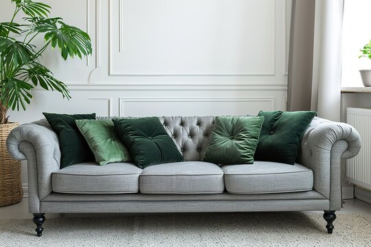 Studio shot of a grey sofa with green pillows on a carpet.