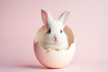 A cute rabbit peeking its head from a cracked Easter egg with a pink background