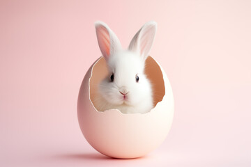 Fototapeta premium A cute rabbit peeking its head from a cracked Easter egg with a pink background