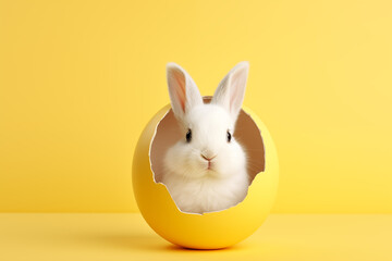 Fototapeta na wymiar A cute rabbit peeking its head from a cracked Easter egg with a yellow background