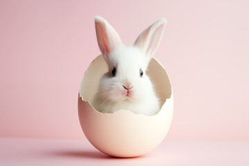 A cute rabbit peeking its head from a cracked Easter egg with a pink background