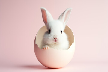 Obraz premium A cute rabbit peeking its head from a cracked Easter egg with a pink background