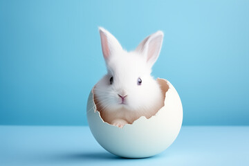 Fototapeta premium A cute rabbit peeking its head from a cracked Easter egg with a blue background