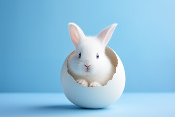 Fototapeta premium A cute rabbit peeking its head from a cracked Easter egg with a blue background