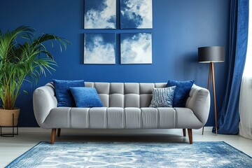 Stylish interior of living room with comfortable sofa.