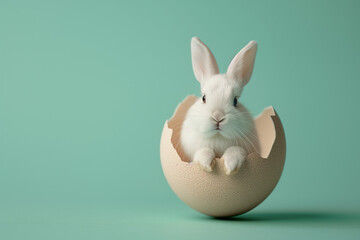 A cute rabbit peeking its head from a cracked Easter egg with a turquoise background