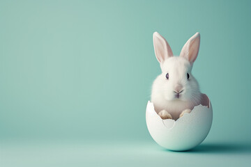 Fototapeta premium A cute rabbit peeking its head from a cracked Easter egg with a green background