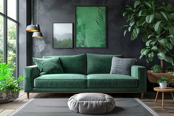 Stylish living room interior with comfortable green sofa.