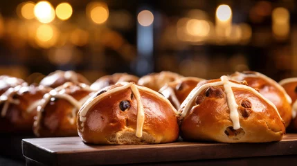 Fotobehang Fresh hot cross bun in bakery, exuding tempting aroma. Warm hues, festive mood, and artisanal touch evoke culinary indulgence, perfect for Easter celebrations © David