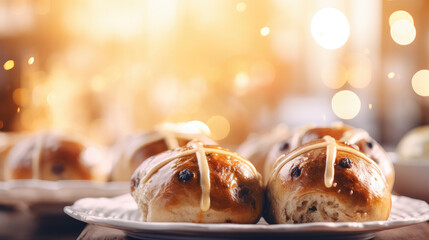 Fresh hot cross bun in bakery, exuding tempting aroma. Warm hues, festive mood, and artisanal touch evoke culinary indulgence, perfect for Easter celebrations - obrazy, fototapety, plakaty
