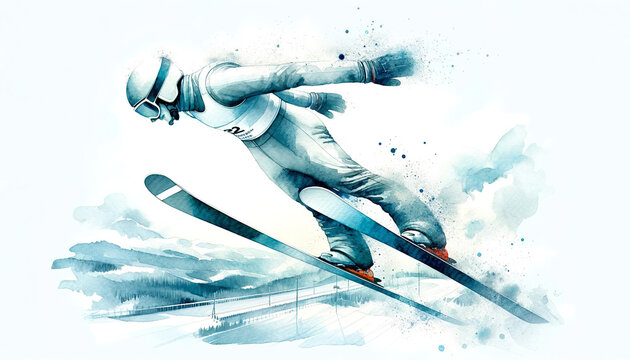 An artistic watercolour depicting a ski jumper dynamically positioned in front of a winter landscape, capturing the movement and excitement of a ski jumper.Sport concept.AI generated.