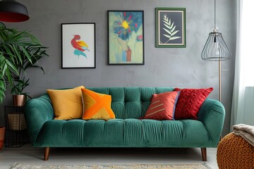 Stylish living room interior with comfortable green sofa.
