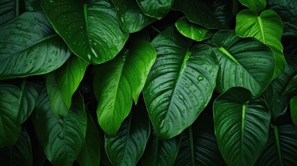 Green leaf tropical. Top view of wet tropical green leaves background. Nature background. Wallpaper - obrazy, fototapety, plakaty