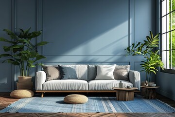 The Mock up furniture design in modern interior and blue background, living room, Scandinavian style, 3D render