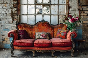 Vintage sofa in rustic setting.