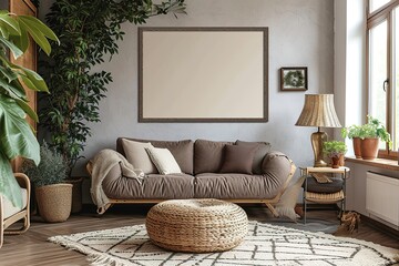 Warm and cozy interior of living room space with brown sofa, pouf, beige carpet, lamp, mock up poster frame, decoration, plant and coffee table. Cozy home decor. Template.