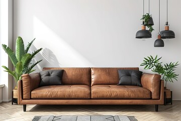 Wall mockup in modern living room design, brown leather sofa with black home accessories on white minimal background, 3d render.