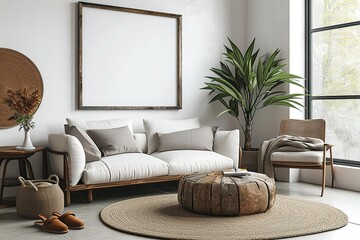 Warm composition of living room interior with mock up poster frame, beige sofa, stylish armchair, wooden coffee table, brown slippers, carpet and personal accessories. Home decor.