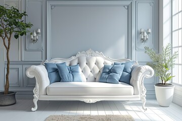 white and blue living room whit classic sofa-rendering. - obrazy, fototapety, plakaty