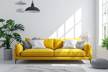 White living room interior with yellow sofa.