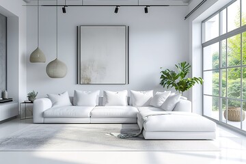 White living room interior with white sofa.