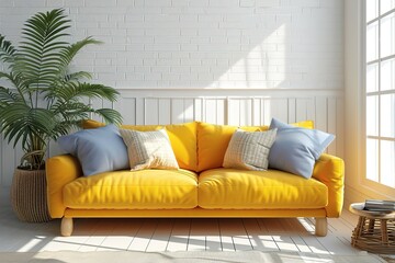 White living room interior with yellow sofa.