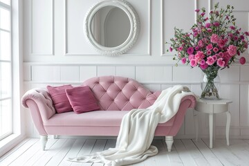White room with pink sofa-bed, flowers in glass jug and mirror near the window. Classic interior design.