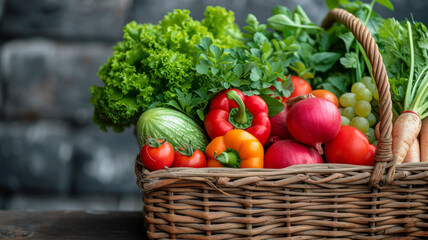 Fototapeta premium Bountiful Harvest: A rustic basket brimming with fresh, colorful vegetables, epitomizing farm-to-table freshness and natural abundance