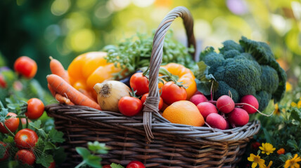 Bountiful Harvest: A rustic basket brimming with fresh, colorful vegetables, epitomizing farm-to-table freshness and natural abundance