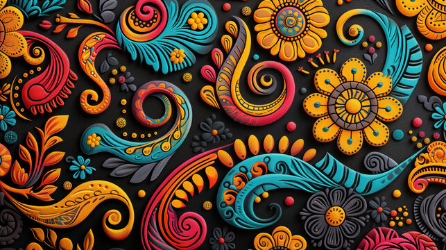 Seamless Hindi ethnic pattern, hand-painted details with black background