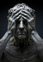 Greek-Roman mythology Statue stone failure sad hands on his head and almost cover his eyes