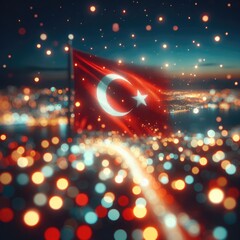 Turkey National Flag with city lights and bokeh, abstract Turkish background. Digital illustration, generative ai