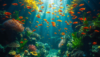Fototapeta na wymiar Sunlight Piercing Through Water in an Aquatic Scene with Vibrant Orange Fish