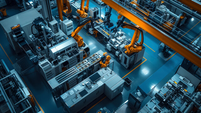 Overhead view capturing the precision of a robotics laboratory in action, showcasing the intricacies of robotic technology at the forefront of innovation