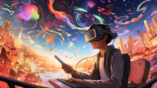 Students using VR glasses for fantasy themed education in world of fantasy. Students immersing themselves in virtual reality to explore imaginative and fantastical educational experiences