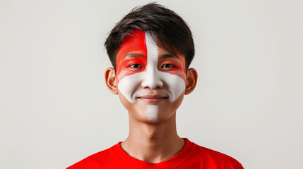 Singapore flag face paint, Close-up of a person's face, symbolizing patriotism or sports fandom.