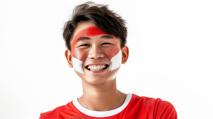 Singapore flag face paint, Close-up of a person's face, symbolizing patriotism or sports fandom.