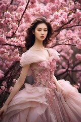 A breathtaking shot of a Korean model in a garden filled with cherry blossoms, radiating natural beauty and grace.