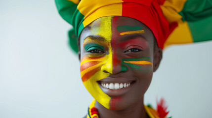 Guinea flag face paint, Close-up of a person's face, symbolizing patriotism or sports fandom.