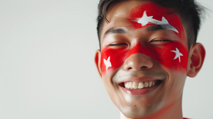 Singapore flag face paint, Close-up of a person's face, symbolizing patriotism or sports fandom.