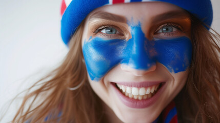 Iceland flag face paint, Close-up of a person's face, symbolizing patriotism or sports fandom.