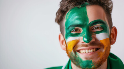 Ireland flag face paint, Close-up of a person's face, symbolizing patriotism or sports fandom.