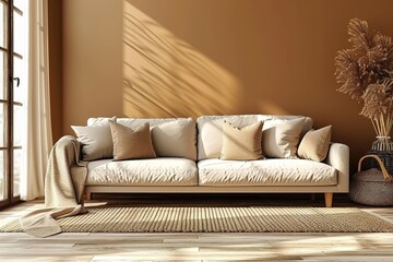 Home mockup, brown warm color living room with sofa and decoration, 3d render.